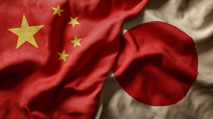 chinese flag waving next to japanese flag. relations between china and japan