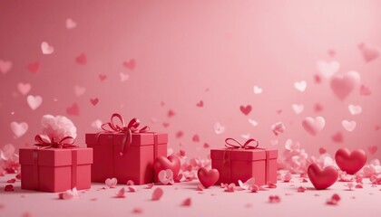 Romantic Valentine's Day celebration background with pink gift boxes and floating hearts for marketing and greeting cards.