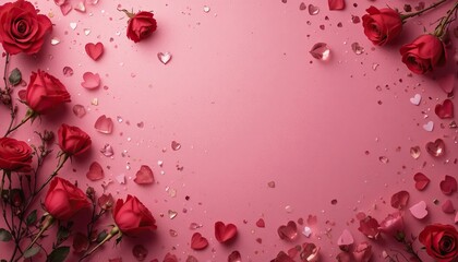 Romantic Valentine's Day background with red roses and heart confetti on pink surface with central copy space.