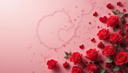 Romantic Valentine's Day background with red roses and crystal heart on pink surface with copy space.