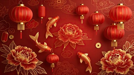 Prosperity and celebration concept with Chinese New Year lanterns, koi fish, and peonies on red background.