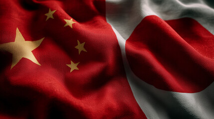 chinese flag waving next to japanese flag. relations between china and japan