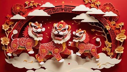 Three vibrant paper-cut lion dance figures celebrate Chinese New Year. Traditional Asian cultural festival background with auspicious clouds and floral elements.