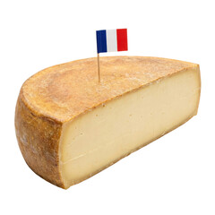 French cheese wedge with tricolor flag isolated on black background