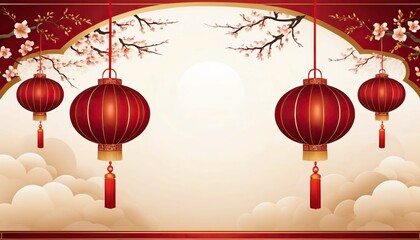 Traditional Chinese New Year celebration background with red lanterns and cherry blossoms featuring central copy space.