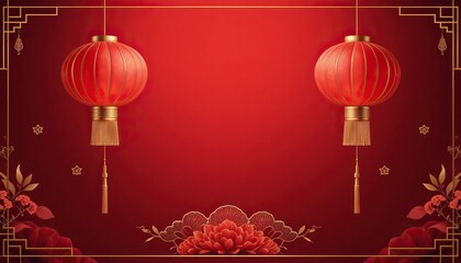 Traditional chinese new year background with red lanterns and golden floral decorations for lunar festival celebration