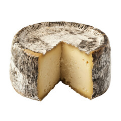 Aged French goat cheese wheel with white mold rind cut open isolated on black