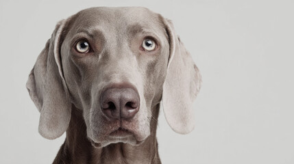 Elegant weimaraner dog portrait, silver gray coat, soulful eyes, close up headshot, studio background, purebred canine, calm expression