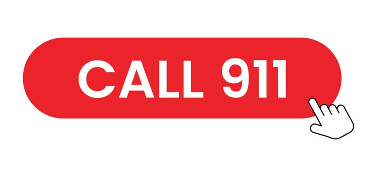 Call 911 Emergency Click Button with Hand Cursor Icon Isolated on White Background, Urgent Help Hotline Alert UI Symbol for Medical, Police and Fire Emergency Services