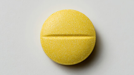 Yellow pill round tablet medicine pharmaceutical healthcare treatment dosage macro white background minimal medication drug supplement vitamin painkiller closeup single object solid texture