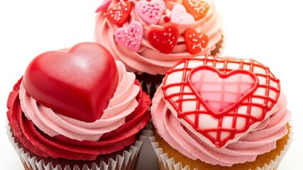 Pink cupcakes with heart decorations on white background