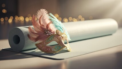 Venetian carnival mask on yoga mat with soft lights