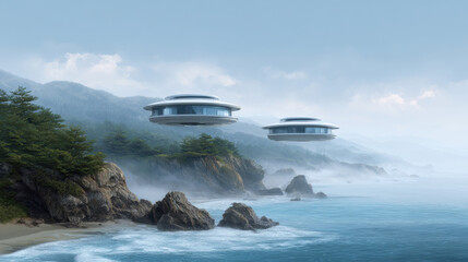 Futuristic house flying building coastal landscape misty mountain rocky shore modern architecture sci fi scene floating structure ocean view fantasy art Futuristic house flying building hover over