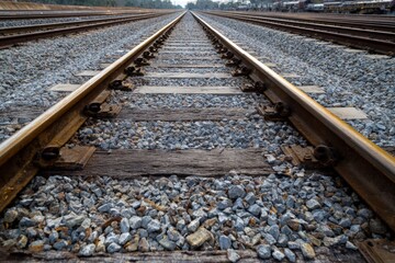 Symmetrical Rail Tracks Converging Toward Horizon with Gravel and Metal Details