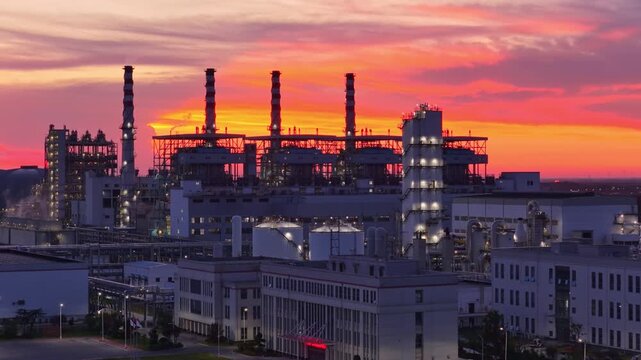 Industrial Refinery Aerial Photograph at Sunset - Large Scale Oil Processing Plant