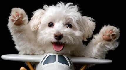 Joyful fluffy white puppy posing playfully with toy airplane on black background