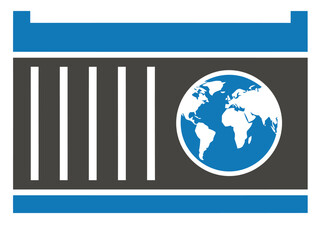 Modern icon depicting global trade with a container, world map, and barcode. Clean, professional design suitable for business and logistics visuals.
