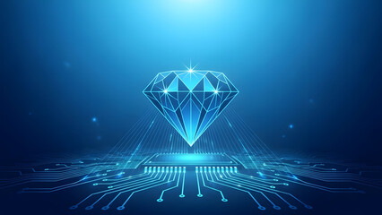 A large diamond with blue lights on a circuit board background with a glowing effect