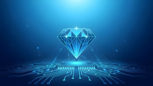 A large diamond with blue lights on a circuit board background with a glowing effect - Powered by Adobe