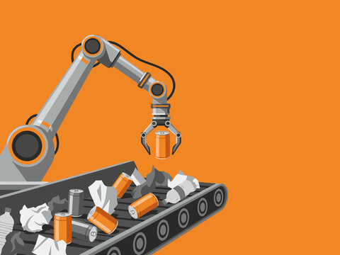 A robotic arm sorts waste on a conveyor belt. Modern, industrial design with bright orange and grey tones. Ideal for technology and sustainability themes.
