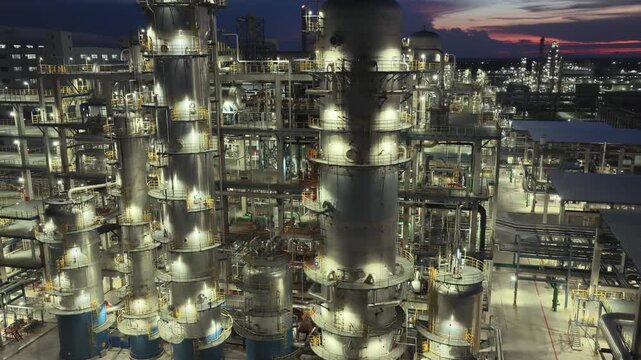 Large Sinopec Refinery Aerial Night View with Illuminated Industrial Towers
