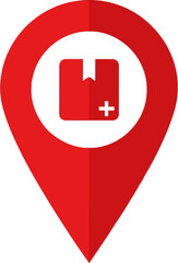Obraz premium A vibrant location pin icon with a house and plus sign, signifying delivery destination. Clean, modern design. Ideal for logistics, delivery services, and mapping applications.