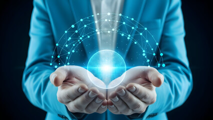 Businessman holding glowing blue network connection in hands with dots and lines