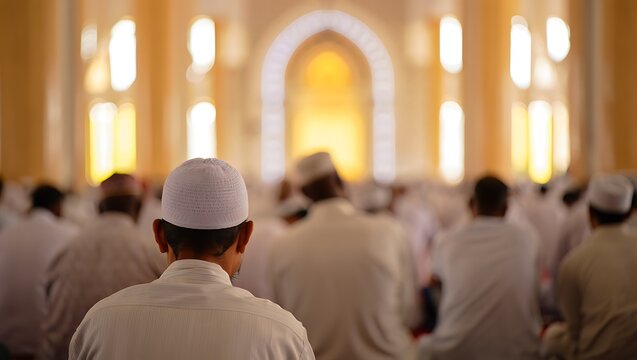 Muslim man in white cap and robe sitting in congregation during prayer in a mosque with arched windows and doors