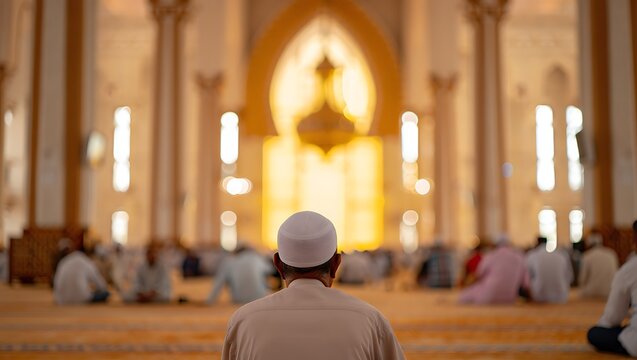 Man wearing white cap sitting in a mosque with people in the background  Islamic architecture and people praying