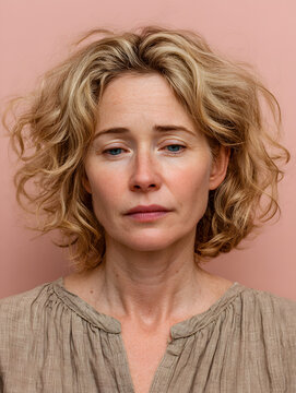 medium shot portrait photography of a woman in her 40s with a somber and deeply sad expression due to major depression wearing a simple tunic against a pastel or soft colors background