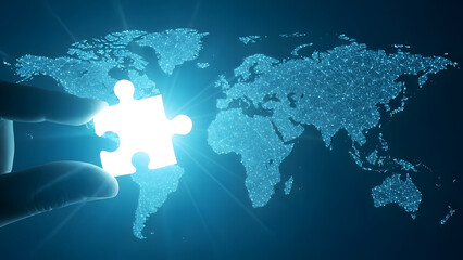 Hand placing glowing puzzle piece on world map with digital connections
