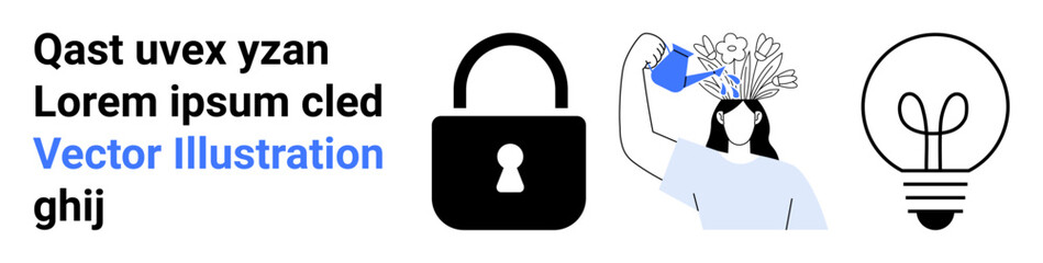 Security, intellectual creativity, personal growth, innovation, privacy, symbolic concepts. Padlock, light bulb person with plants. Security and intellectual creativity concept © robu_s