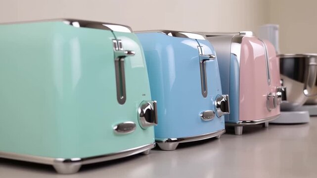 In this charming video, a lineup of colorful retro toasters is showcased. Featuring various pastel shades and sleek designs, viewers will explore the unique styles and functionalities that elevate kit