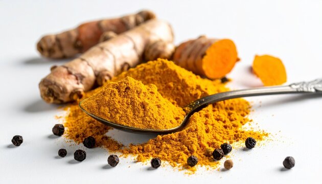 Close-up of vibrant orange turmeric powder in a metal spoon and raw turmeric roots with black peppercorns on white background with copy space. Концепт здорового харчування та імунітету