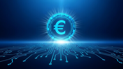Glowing blue euro symbol on a futuristic digital circuit background with bright light