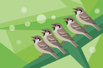 Five Chirping Sparrows on a Branch with Green Abstract Background, wildlife harmony concept