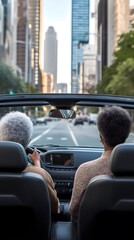 Elderly couple drives through city streets in convertible car