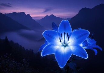 Illuminated blue flower in mountainous twilight