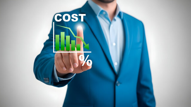 Businessman in blue suit presenting cost graph on transparent screen - Powered by Adobe