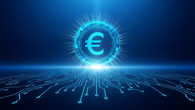 Glowing blue euro symbol on a futuristic digital circuit background with bright light - Powered by Adobe