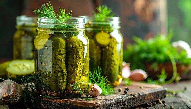 Pickled cucumbers in glass jars with dill and garlic, homemade fermentation, rustic wooden table