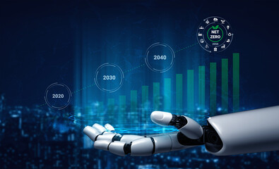 A futuristic robot hand presents digital data visualization of sustainability goals over time, illustrating growth trends for net zero impact from 2020 to 2040. Gantry