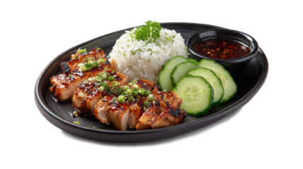 Grilled chicken with rice and cucumber served with sweet sauce in a black dish isolated on a white background