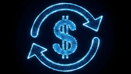 Glowing blue dollar sign with circular arrows on dark background