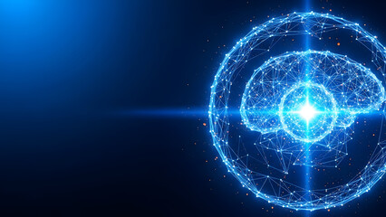 Glowing blue brain with particles and lines on dark background