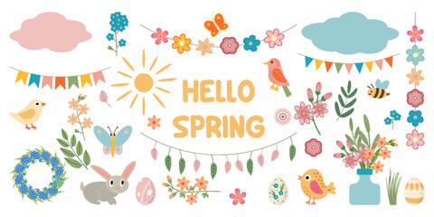 Vector spring elements set with birds, flowers, Easter eggs, floral wreath, garlands, bunny, clouds, sun, bee and butterflies, designed in soft pastel pink, blue, orange and green colors. Hello spring