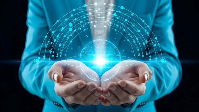 Person in blue shirt holding glowing blue orb with digital network connections - Powered by Adobe