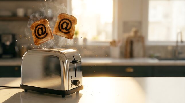 Chrome retro toaster with popping out toasts featuring burned email at symbols