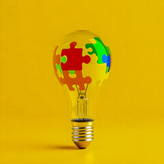 Autism Awareness and Neurodiversity Concept Symbol on Yellow Background,3d bulb,Strategic Thinking and Teamwork Integration Idea as a Colorful Puzzle