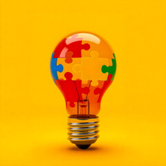 Brainstorming and Multi-Colored Puzzle Pieces Inside a Light Bulb,high quality 3d products,
